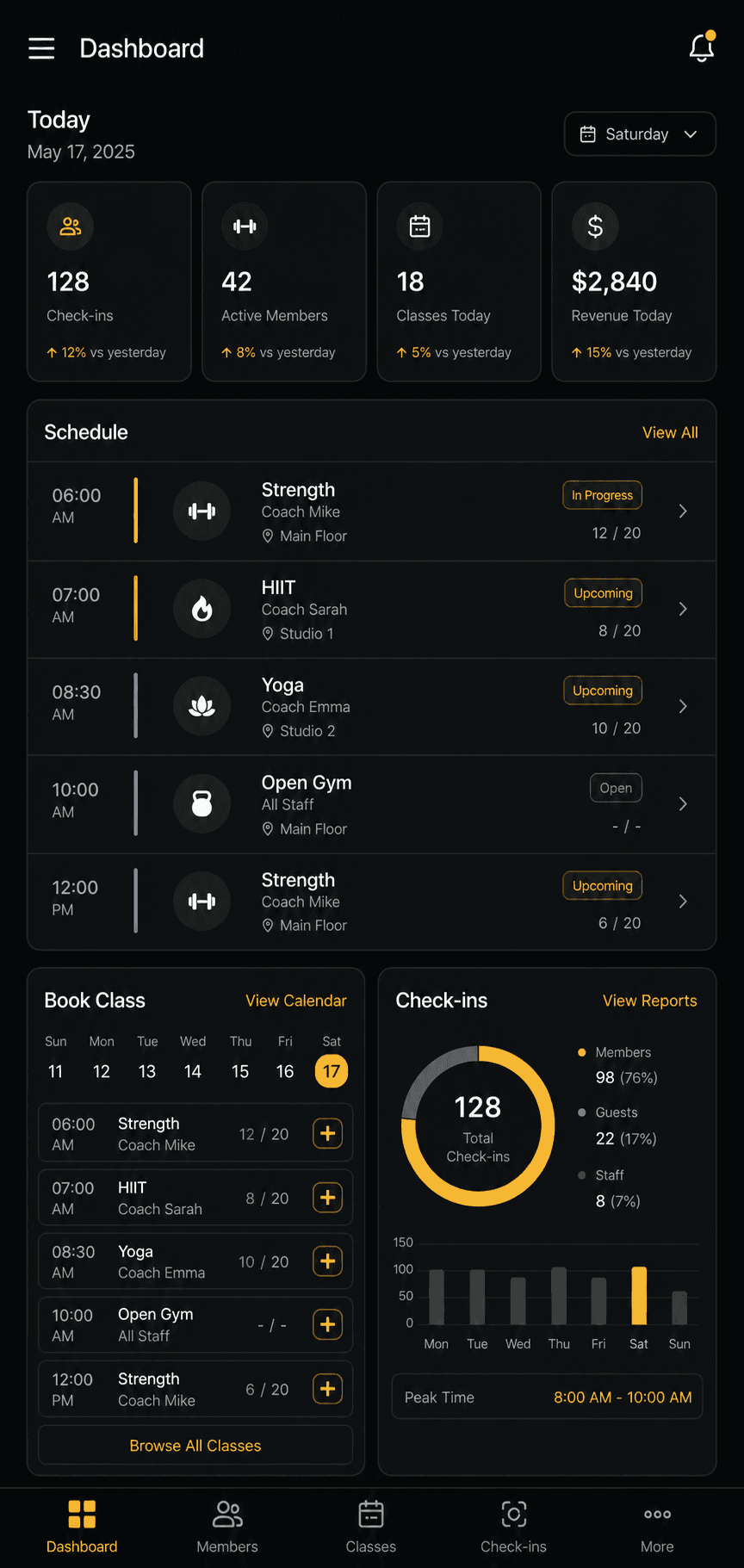 PulseFit studio management app interface